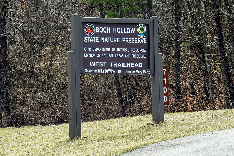 Boch Hollow State Nature Preserve West Trailhead Entrance Sign Buckeye Trail Logan Ohio