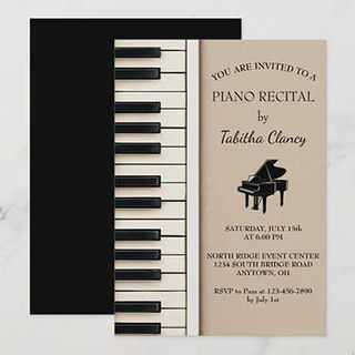 Piano recital invitation featuring piano keys and classic music themed layout