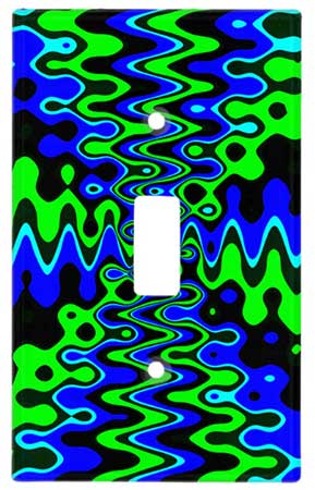Light switch cover with bold blue and green abstract waves in a high-contrast psychedelic pattern.