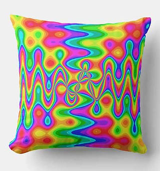 Colorful psychedelic throw pillow featuring vibrant rainbow waves with flowing abstract patterns and bold contrast.