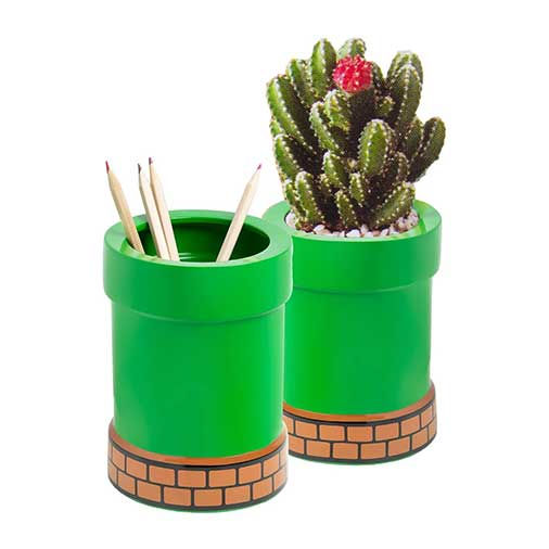 Super Mario-inspired green pipe planters, a versatile and fun gift for gamers to use as decor or desk organizers.