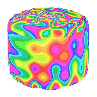 Round pouf featuring vibrant psychedelic artwork with flowing rainbow shapes and abstract symmetry.
