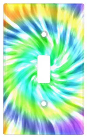 Light switch cover with spiral tie-dye pattern and blended rainbow colors radiating outward.