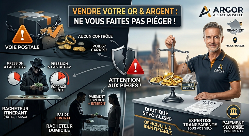 Infographie Argor Haguenau Alsace Moselle comparant les risques du rachat d'or par voie postale, à domicile ou en hôtel avec la sécurité d'une expertise transparente de bijoux en boutique spécialisée.