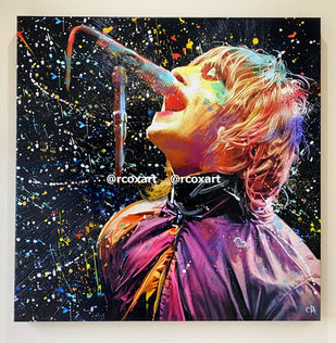 Powerful painting of a Liam Gallagher with strong contrast and bright abstract colours by rcoxart Robert Cox Artist.