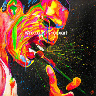 Powerful painting of Freddie Mercury with strong contrast and bright abstract colours by rcoxart Robert Cox Artist.