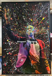 Powerful painting of Maxi Jazz with strong contrast and bright abstract colours by rcoxart Robert Cox Artist.