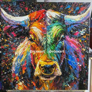 Powerful painting of a Bull with strong contrast and bright abstract colours by rcoxart Robert Cox Artist.