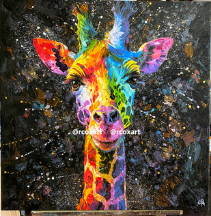 Powerful painting of a Giraffe with strong contrast and bright abstract colours by rcoxart Robert Cox Artist