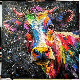 Powerful painting of a Cow with strong contrast and bright abstract colours by rcoxart Robert Cox Artist.