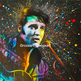 Powerful painting of Elvis with strong contrast and bright abstract colours by rcoxart Robert Cox Artist.