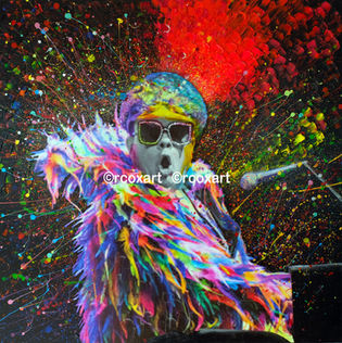 Powerful painting of Elton John with strong contrast and bright abstract colours by rcoxart Robert Cox Artist.