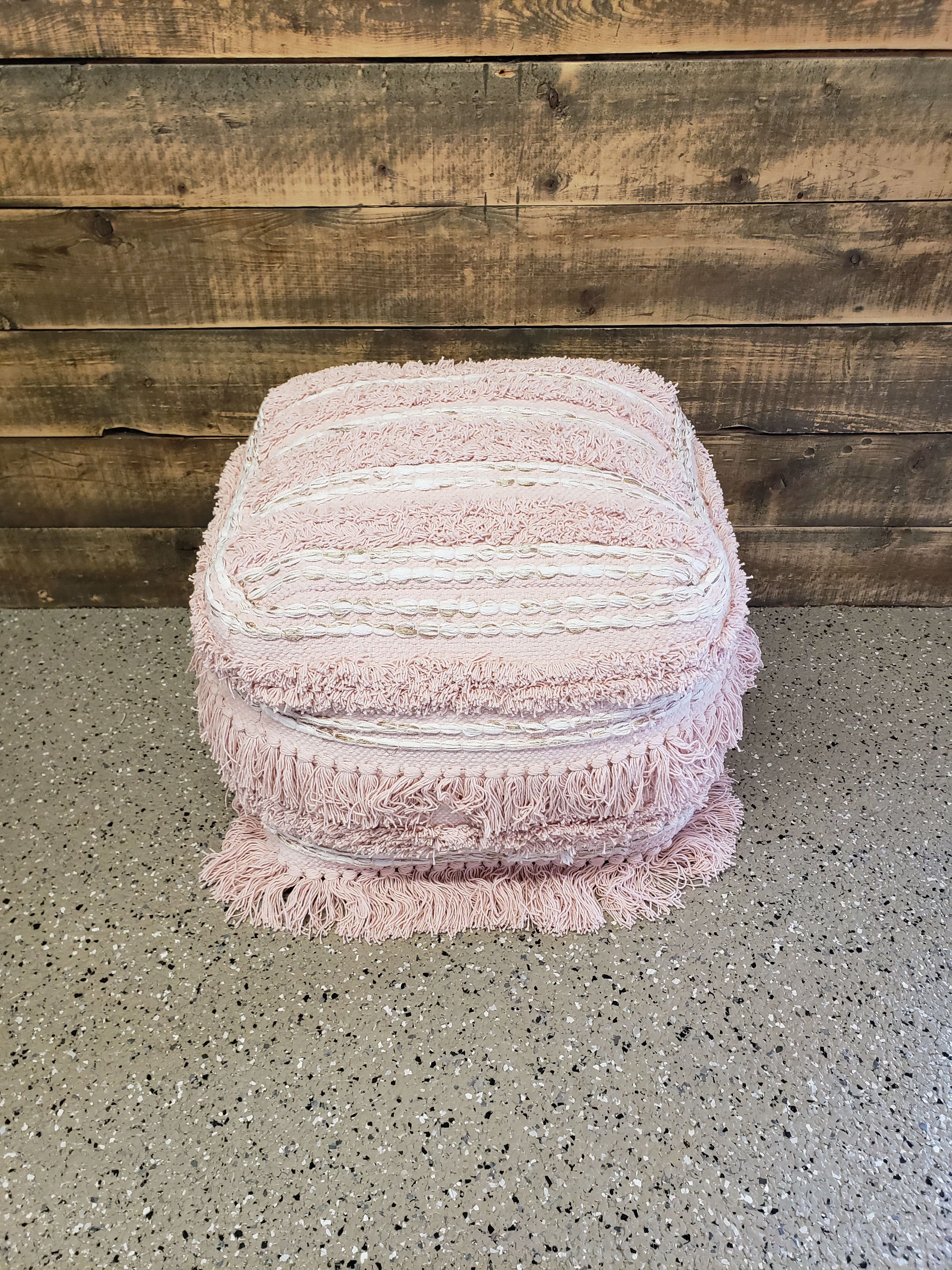 Pink & White Shag Pouf