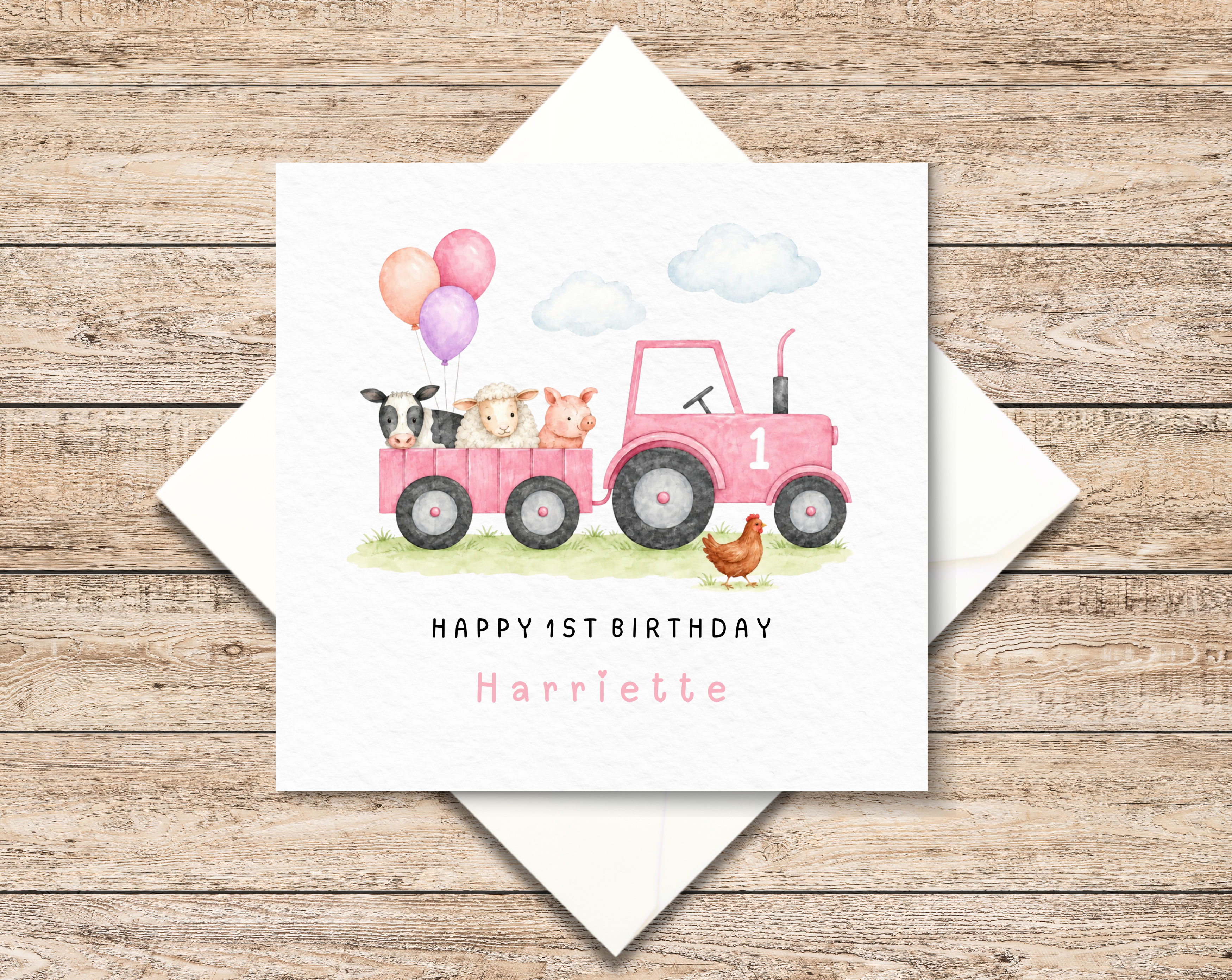 Personalised Farm Animals Tractor 1st Birthday Card for Girl