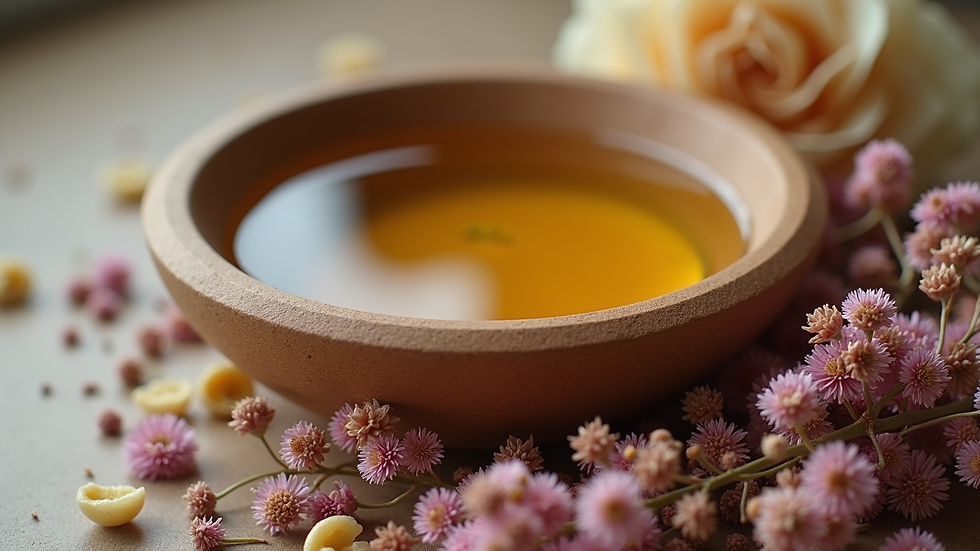 Eye-level view of a small bowl with handmade body oil surrounded by dried flowers