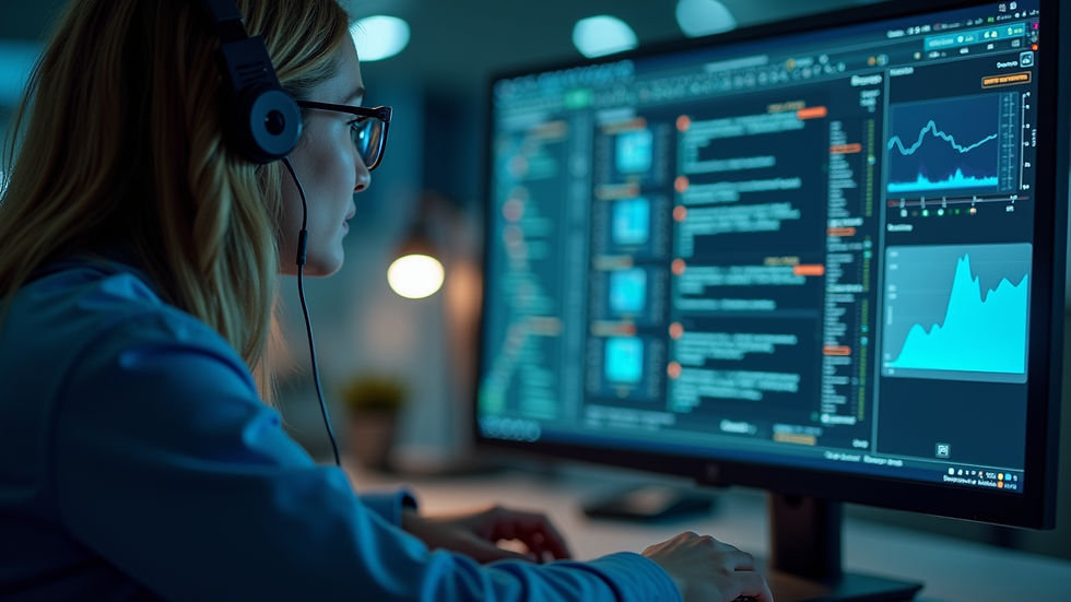 Close-up view of a cybersecurity analyst monitoring AI system alerts