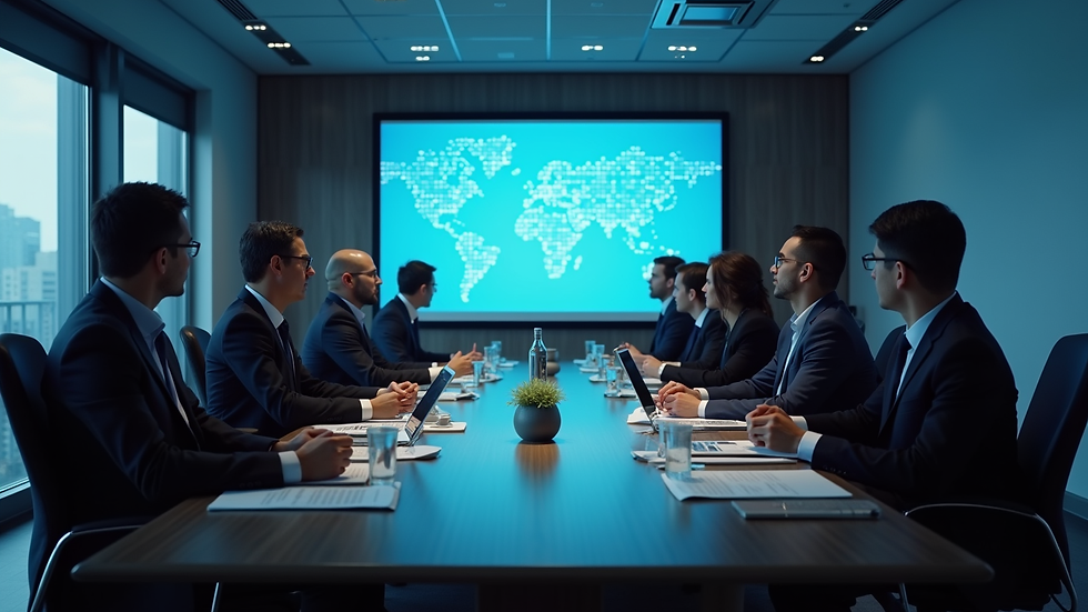 High angle view of a conference room with executives discussing cybersecurity strategy