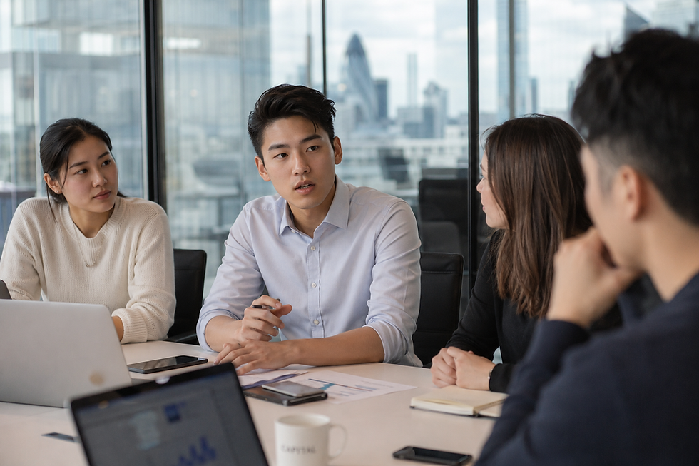 Professional man recovering calmly after losing his train of thought during a work meeting