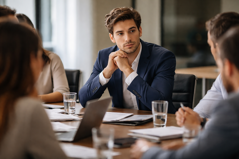 Professional staying quiet in a meeting room despite wanting to speak up