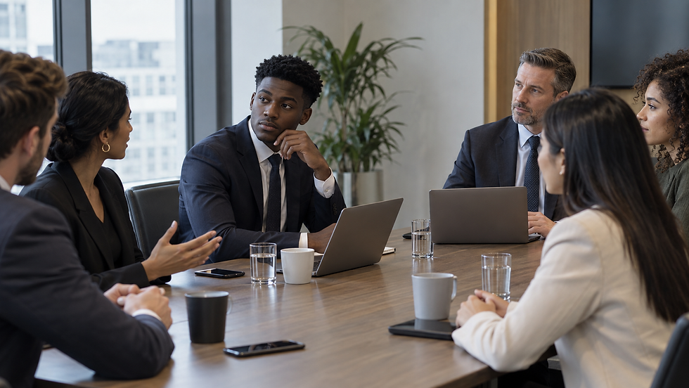 Young professional thinking before answering an unexpected question during a workplace meeting.