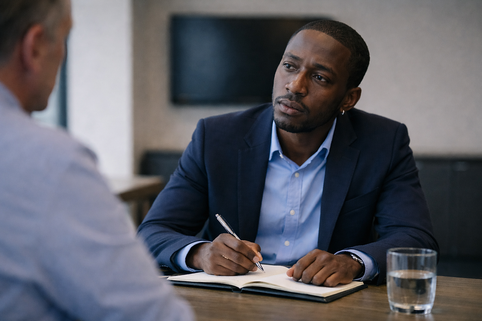 A professional experiencing mental overload and hesitation while trying to think clearly in a meeting.