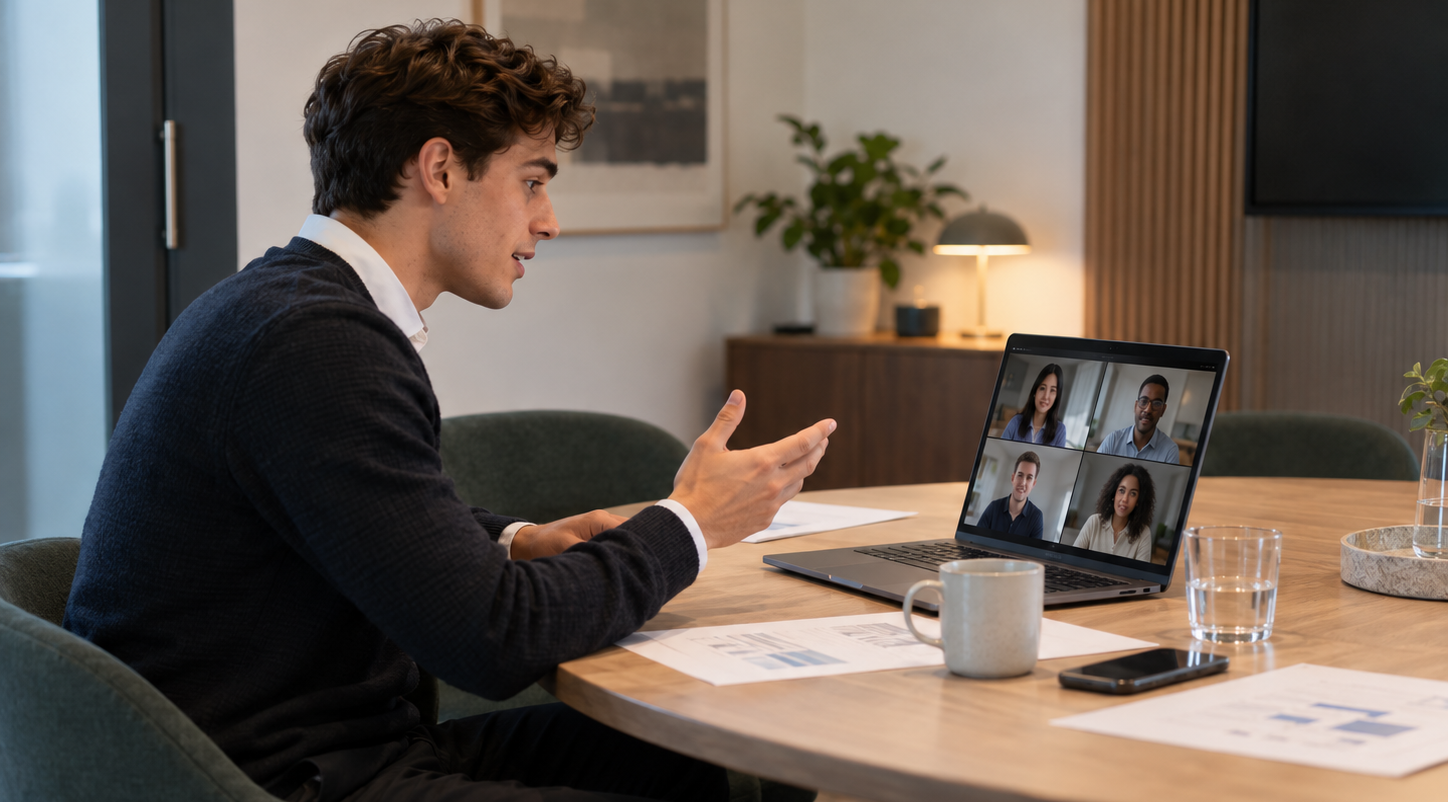 A professional looking at colleagues' mixed reactions while speaking during a workplace video call.