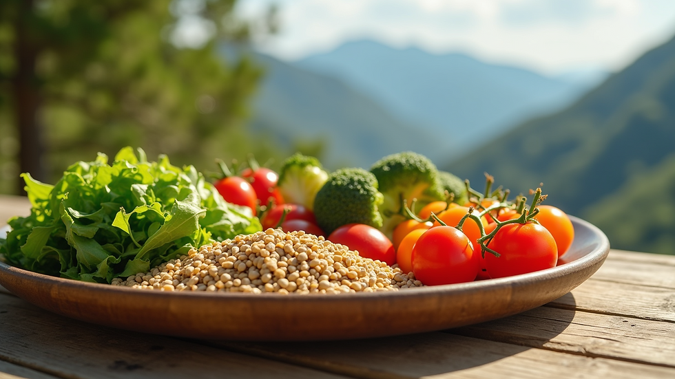 Close-up of a healthy meal with fresh vegetables and grains on a wooden table