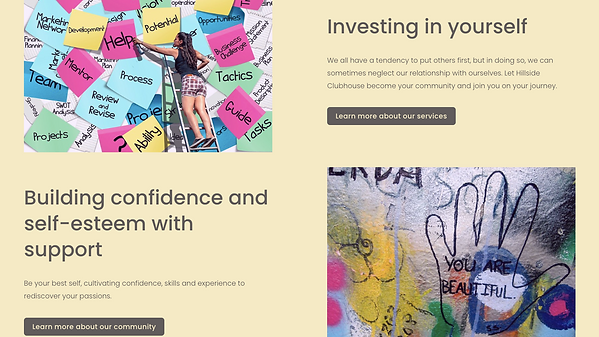Screenshot of Hillside Clubhouse website page with content written by Zara M.