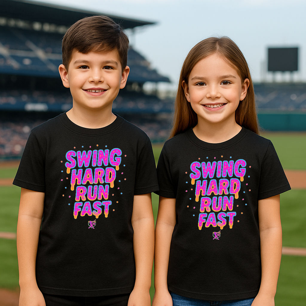 Youth Swing Hard Run Fast Baseball Tee