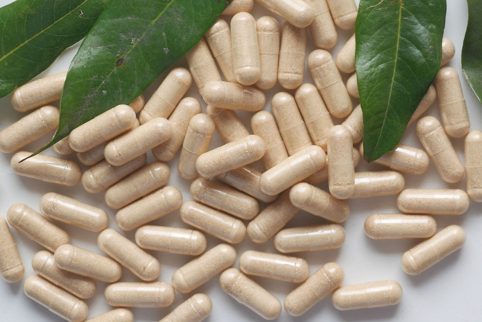 Psyllium capsules with green leaves
