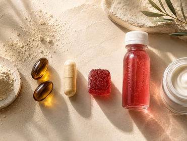 CoQ10 powder, softgels, capsules, gummies, a beverage, and a cream lined up as finished product formats