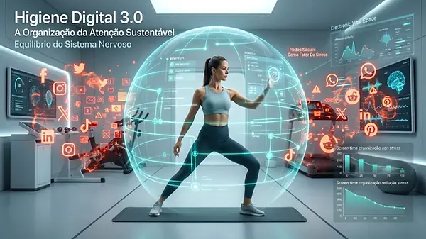 Higiene Digital 3.0: Mulher em pose de fitness com esfera digital