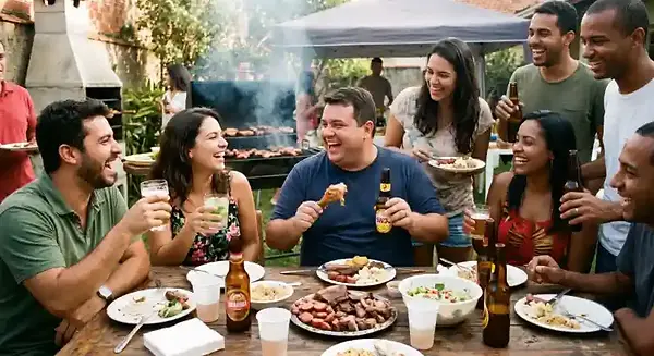 Grupo de amigos reunido ao redor de uma mesa farta em um churrasco ao ar livre, rindo e conversando. No centro, um homem sorri enquanto segura um espetinho de carne e uma garrafa de cerveja, cercado por pratos cheios e bebidas, ilustrando o consumo em excesso em eventos sociais.