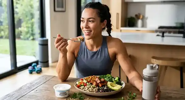 Uma mulher fitness sorridente em trajes de treino, comendo um bowl saudável de quinoa, grão-de-bico, brócolis e tofu grelhado na cozinha. Ao fundo, halteres e um tapete de ioga reforçam o estilo de vida ativo.