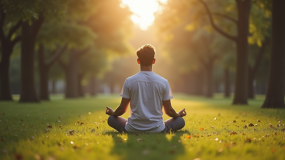 Eye-level view of a person meditating in a peaceful park