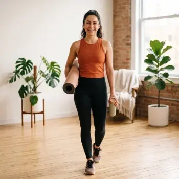 Mulher sorridente com roupas esportivas caminha em uma sala iluminada, segurando um tapete de ioga e uma garrafa de água.
