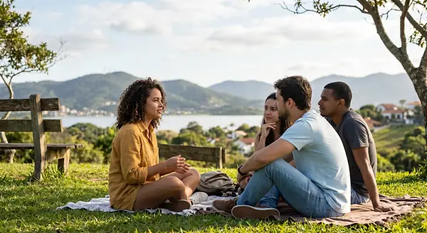 Quatro pessoas sentadas na grama conversando, com lago e montanhas.
