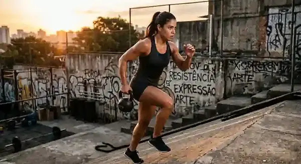 Fotografia em plano médio de uma mulher determinada subindo uma rampa de concreto ao ar livre durante o pôr do sol. Ela segura um kettlebell, veste roupas de treino pretas e está suada. Ao fundo, paredes de concreto com grafites escritos "Expressão", "Resistência" e "Arte", com a silhueta da cidade ao horizonte.
