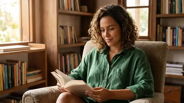 Mulher jovem com cabelos cacheados sorrindo enquanto lê um livro físico sentada em uma poltrona perto da janela, ilustrando o hábito da leitura.