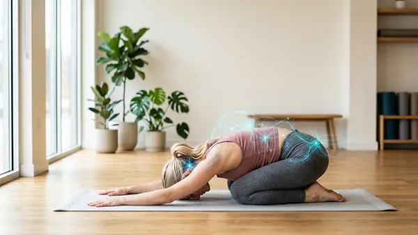 Mulher em pose da criança do yoga
