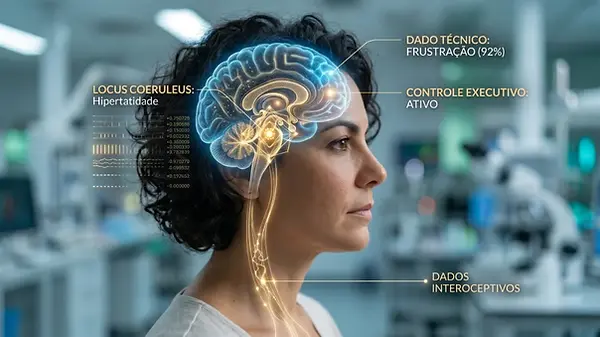 Mulher com cérebro brilhante, mostrando Locus Coeruleus, frustração (72%), controle executivo ativo