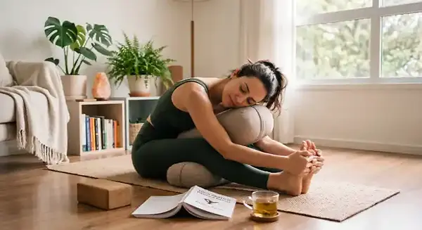 Mulher praticando pose de yoga restaurativa em cima de um tapete na sala de casa, utilizando almofada de suporte e bloco de madeira, com um livro aberto e uma xícara de chá em primeiro plano.