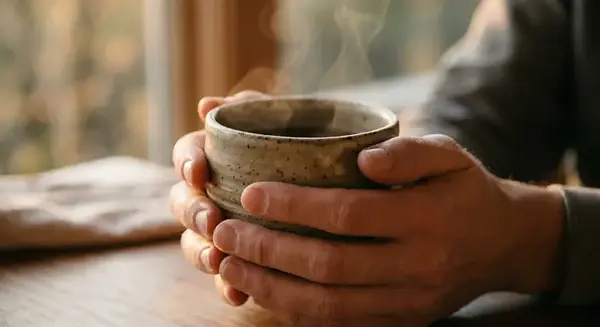 Mãos segurando uma xícara rústica de cerâmica morna com vapor em ambiente com luz suave de fim de tarde.