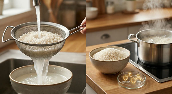 Lavagem e cozimento de arroz em ambiente de nutrição.