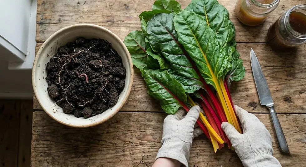 Mãos com luvas de linho manuseando maços frescos de acelga com talos coloridos (amarelo e vermelho) ao lado de uma tigela com solo fértil, simbolizando a colheita direta da terra para a Cozinha Regenerativa no Vibe Saudável.