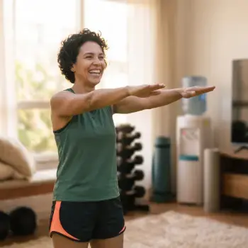 Mulher sorridente com cabelos cacheados fazendo agachamento com os braços esticados para a frente em uma sala de estar. Ao fundo, equipamentos de treino em casa como halteres e tapete de ioga em um ambiente iluminado.