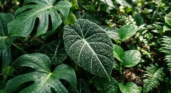 Folhas de Costela-de-Adão e Alocasia com gotas de orvalho.