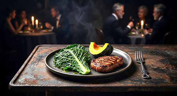 Prato com bife grelhado, couve e abóbora em jantar elegante.