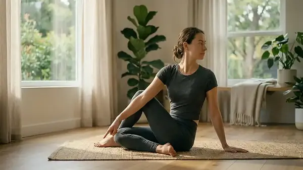 Mulher praticando a Torção Espinal Sentada (Ardha Matsyendrasana) em uma sala iluminada. Ela está com o tronco rotacionado, apoiando o cotovelo no joelho flexionado para alongamento da coluna e estímulo à flexibilidade.