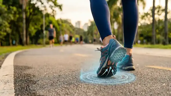 Visão em close-up de um tênis de caminhada moderno em movimento sobre o asfalto, destacando o amortecimento da sola e o amortecedor de impacto flexível durante a pisada.